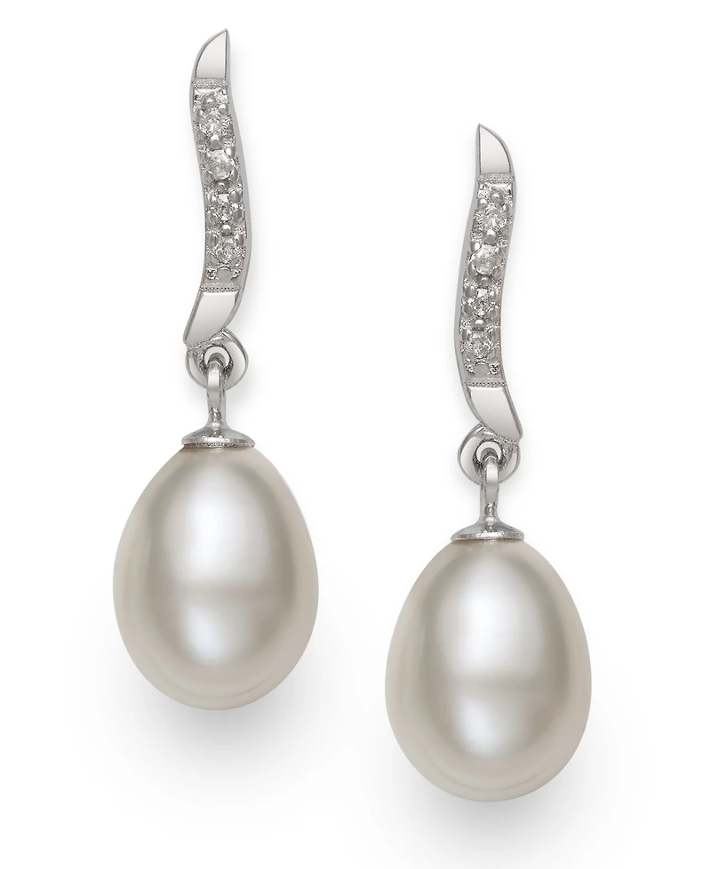 Cultured Freshwater Pearl (7-8 mm) and Diamond Accent Swirl Earring in Sterling Silver