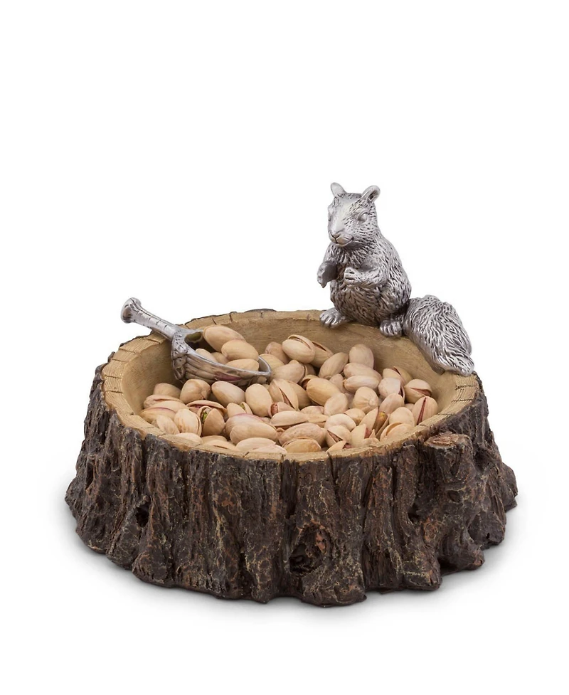 Arthur Court Designs Aluminum Standing Squirrel on Log Nut Bowl