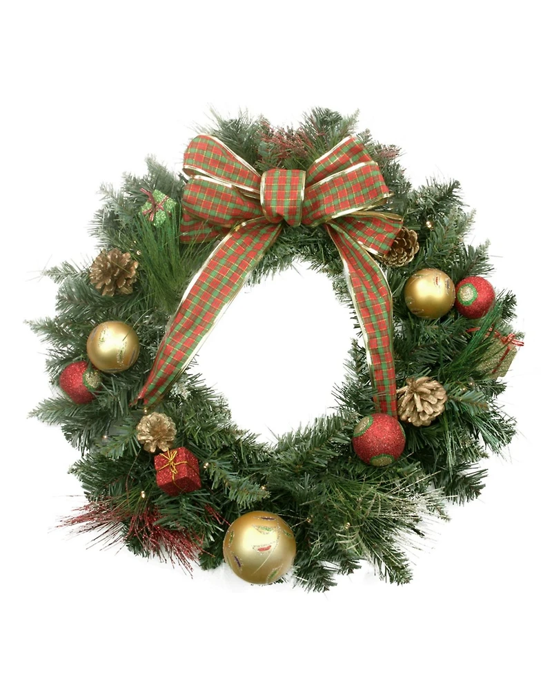 Northlight 24" Pre-Lit Decorated Pine Cone Balls and Gifts Artificial Christmas Wreath - Warm Clear Led Lights