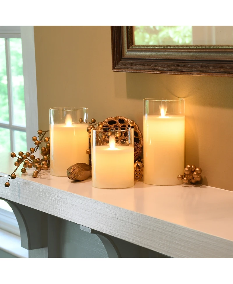 Lumabase Battery Operated Realistic Flame Led Wax Candles in Glass Holders, Set of 3