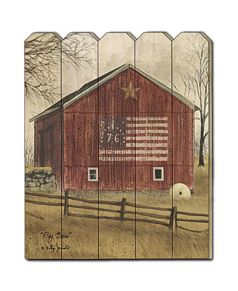 Trendy Decor 4U Flag Barn by Billy Jacobs, Printed Wall Art on a Wood Picket Fence, 16" x 20"