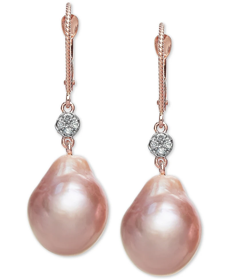 Cultured Pink Baroque Freshwater Pearl (12mm) & Diamond (1/20 ct. t.w.) Drop Earrings in 14k Rose Gold