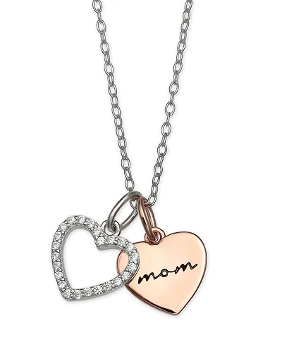 Cubic Zirconia Mom Heart Pendant 18" Necklace in Sterling Silver and 18k Rose Gold Over Sterling Silver