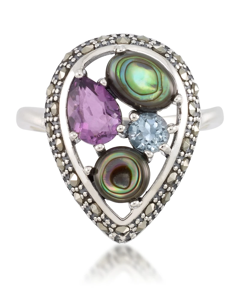 Marcasite and Amethyst (1-1/4 ct. tw.), Abalone (9/10 ct. t.w.) and Blue topaz (1/4 ct. t.w.) Teardrop Ring in Sterling Silver