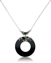 Marcasite and Onyx Disc and Faceted Onyx 18" Necklace in Sterling Silver