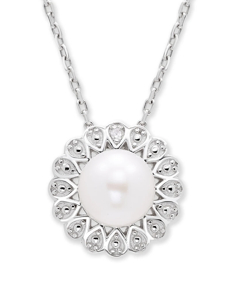 Cultured Freshwater Pearl (7 mm) Diamond Accent Necklace in Sterling Silver