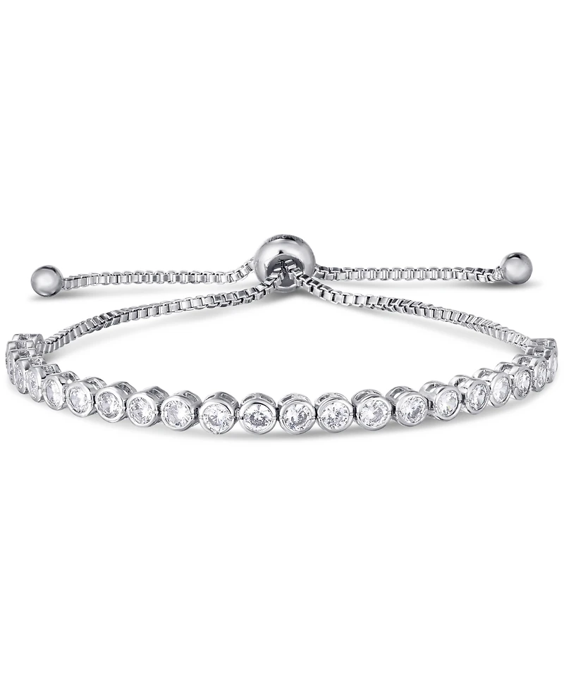 Cubic Zirconia Round Bezel set Adjustable Slider Bolo Bracelet in Silver Plate