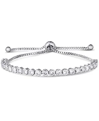 Cubic Zirconia Round Bezel set Adjustable Slider Bolo Bracelet in Silver Plate