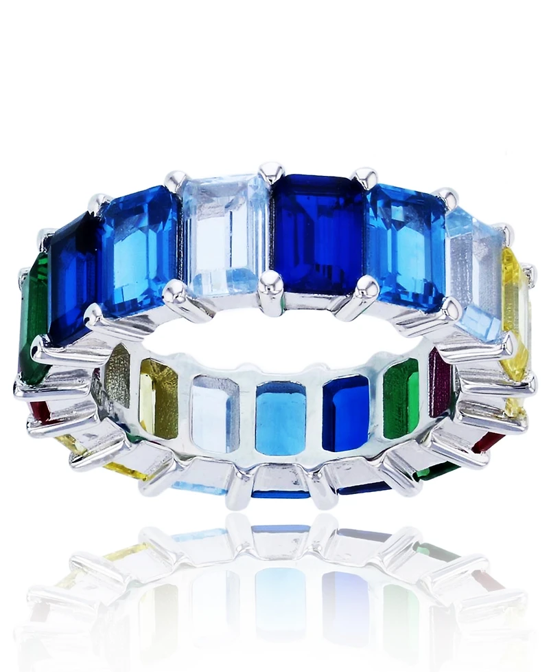 Rainbow Colored Emerald Cut Cubic Zirconia Eternity Band Rhodium Plated Sterling Silver