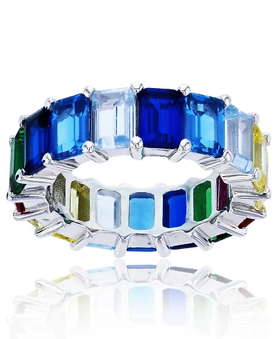 Rainbow Colored Emerald Cut Cubic Zirconia Eternity Band Rhodium Plated Sterling Silver