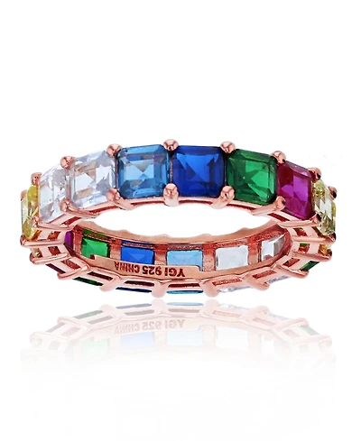 Rainbow Princess Cut Cubic Zirconia Eternity Band 14k Rose Gold Plated Sterling Silver