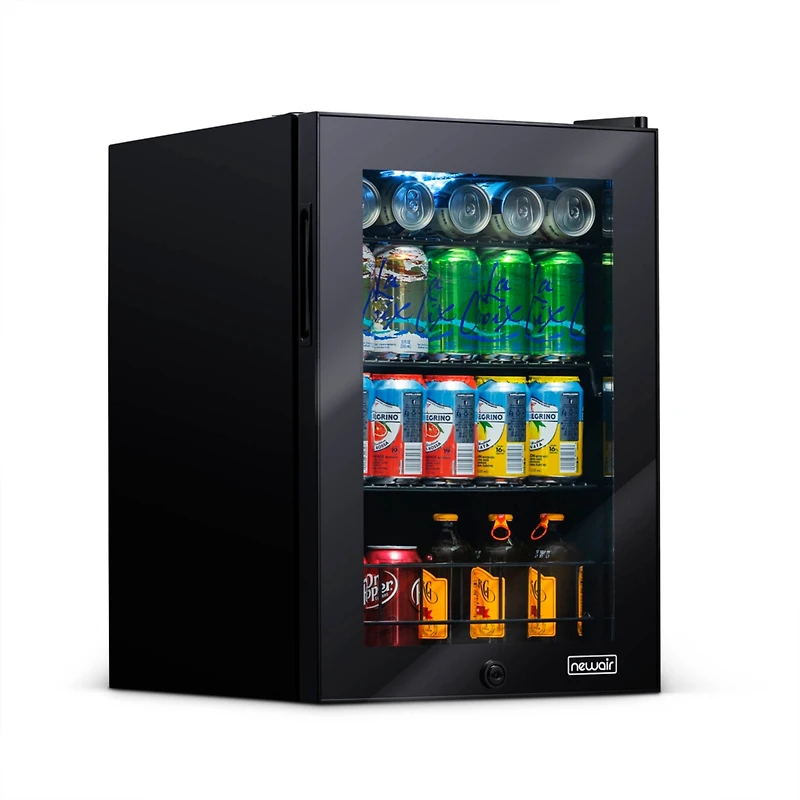 Newair Beverage Refrigerator Cooler, 90 Can Capacity Fridge in Black, Adjustable Shelves and Glass Door with Lock, Small Refrigerator, Beer Wine or So
