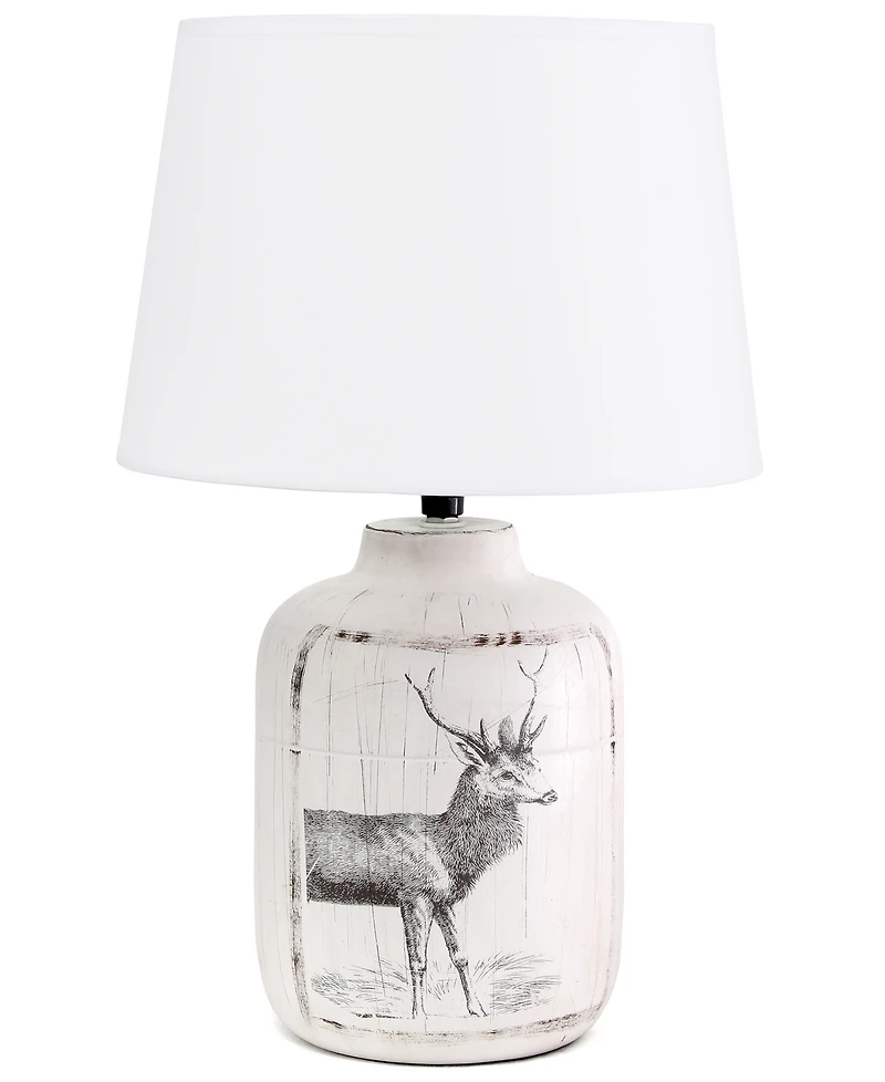 Simple Designs Rustic Deer Buck Nature Printed Ceramic Farmhouse Accent Table Lamp with Fabric Shade