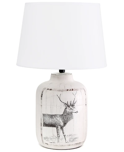 Simple Designs Rustic Deer Buck Nature Printed Ceramic Farmhouse Accent Table Lamp with Fabric Shade