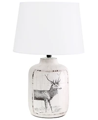 Simple Designs Rustic Deer Buck Nature Printed Ceramic Farmhouse Accent Table Lamp with Fabric Shade