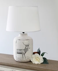 Simple Designs Rustic Deer Buck Nature Printed Ceramic Farmhouse Accent Table Lamp with Fabric Shade