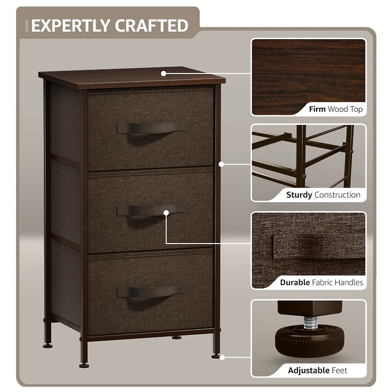 Sorbus Nightstand with 3 Drawers - Steel Frame, Wood Top & Easy Pull Fabric Bins Perfect for Home, Bedroom, Office College Dorm