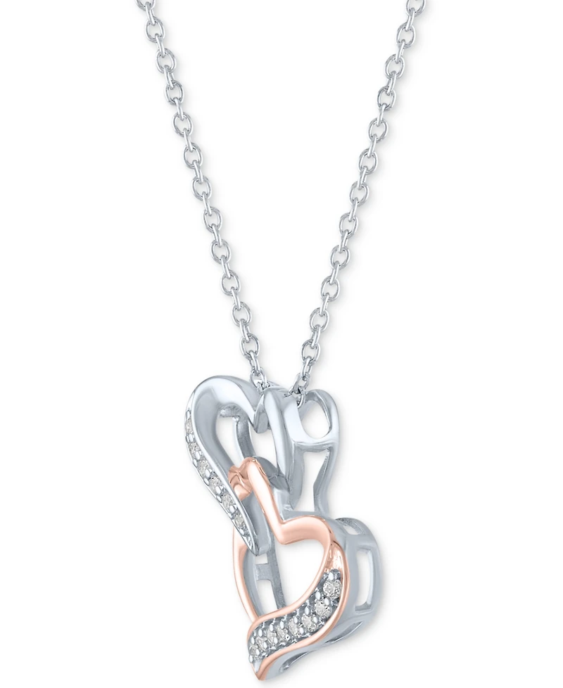 Diamond Double Heart Pendant Necklace (1/10 ct. t.w.) in Sterling Silver & 14k Rose Gold-Plate, 16" + 2" extender