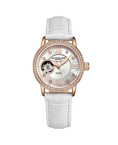 Stuhrling Women's White Leather Strap Watch 34mm
