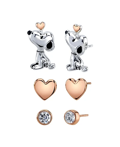 Unwritten Three Pair Silver Plated Snoopy Earring Set with Rose Gold Heart and Cz Bezel Stud