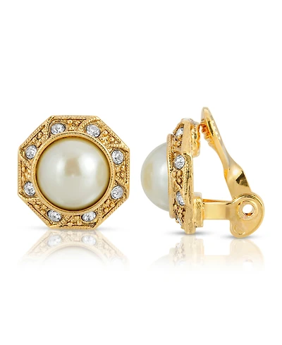 2028 Gold Tone Imitation Pearl Crystal Round Button Clip Earring