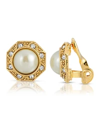 2028 Gold Tone Imitation Pearl Crystal Round Button Clip Earring