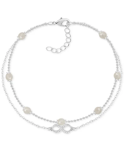 And Now This Imitation Pearl & Crystal Infinity Double Row Ankle Bracelet in Silver-Plate