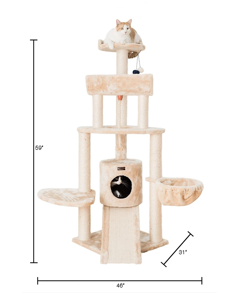 Armarkat Spacious Thick Fur Real Wood Cat Tower With Basket Lounge, Ramp, Beige Activity Center With Scratching Posts Stand House A5806