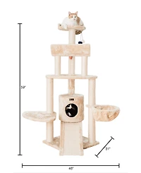 Armarkat Spacious Thick Fur Real Wood Cat Tower With Basket Lounge, Ramp, Beige Activity Center With Scratching Posts Stand House A5806