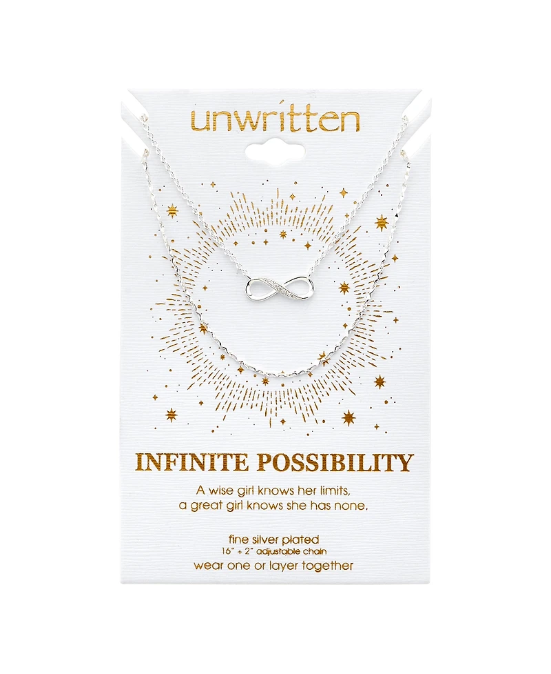 Unwritten Silver Plated Clear Cubic Zirconia Infinity Duo Necklace with Studded Second Chain