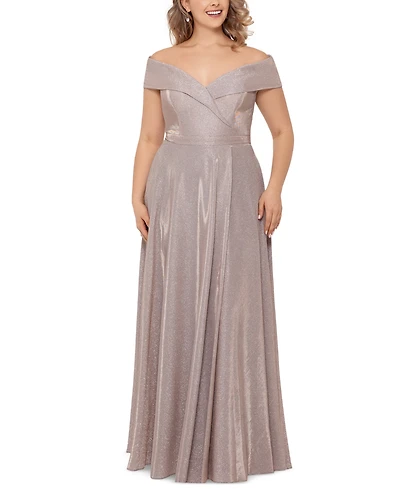 Xscape Plus Size Off-the-Shoulder Glitter Gown