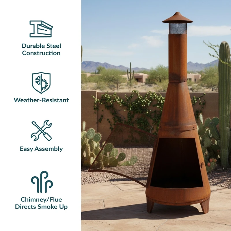 Outdoor Backyard Large Freestanding Oxidized Steel Wood-Burning Fire Pit Chiminea - 70" - Rust Finish