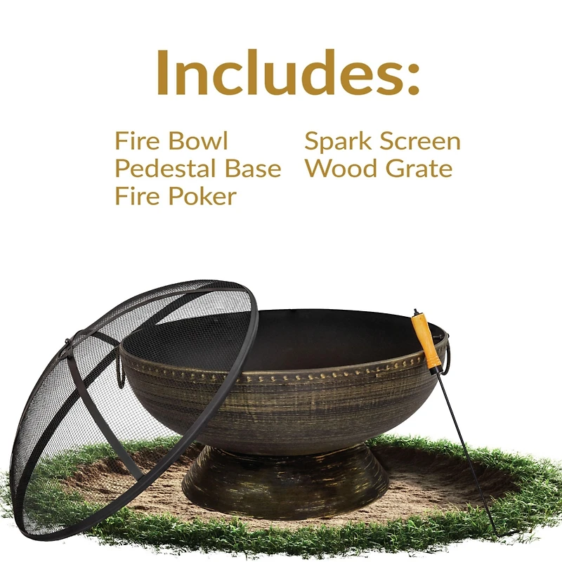 Outdoor Camping or Backyard Large Fire Pit Bowl with Spark Screen, Log Poker, and Metal Wood Grate - 30" - Bronze