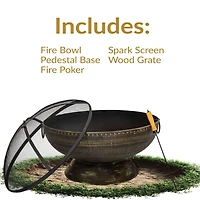 Outdoor Camping or Backyard Large Fire Pit Bowl with Spark Screen, Log Poker, and Metal Wood Grate - 30" - Bronze