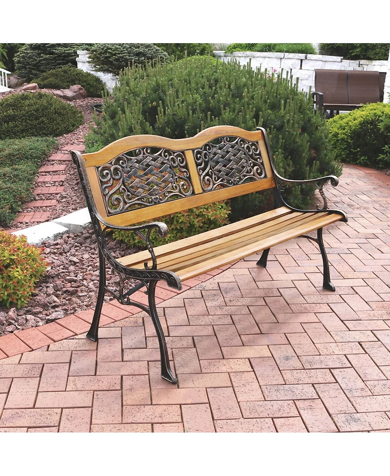 2-Person Ivy Crossweave Design Cast Iron and Wood Frame Outdoor Garden Bench