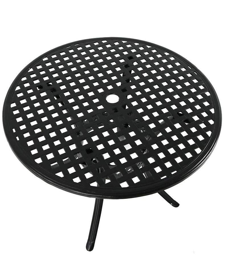 Round Lattice Design Cast Aluminum Outdoor Patio Table with Umbrella Hole, Black