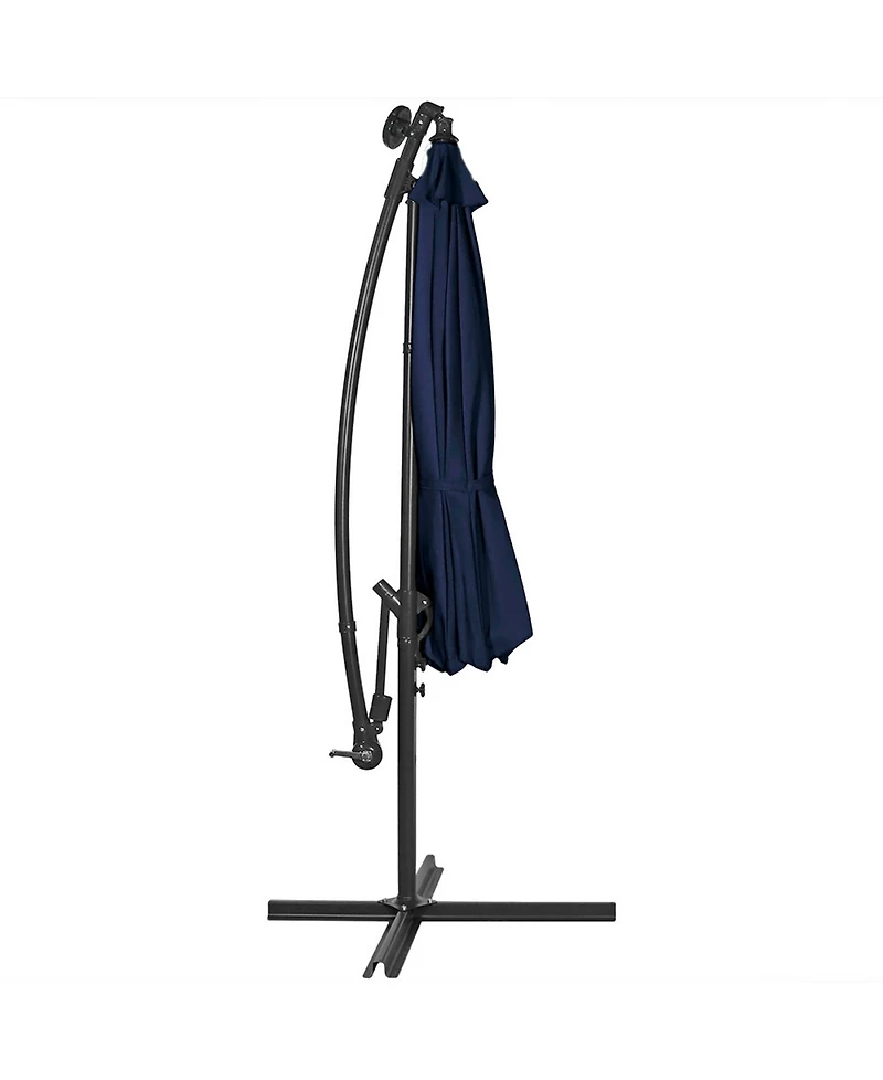 10-Foot Offset Cantilever Solar Patio Umbrella - Features Outdoor Led Lights, Crank, and Cross Base - Navy Blue
