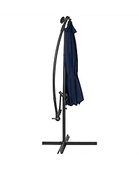 10-Foot Offset Cantilever Solar Patio Umbrella - Features Outdoor Led Lights, Crank, and Cross Base - Navy Blue