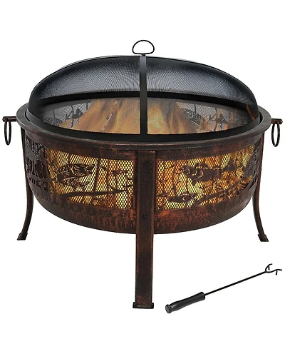 Outdoor Camping or Backyard Steel Northwoods Fishing Fire Pit with Spark Screen - 30" - Bronze