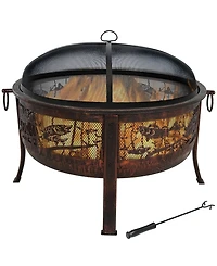 Outdoor Camping or Backyard Steel Northwoods Fishing Fire Pit with Spark Screen - 30" - Bronze