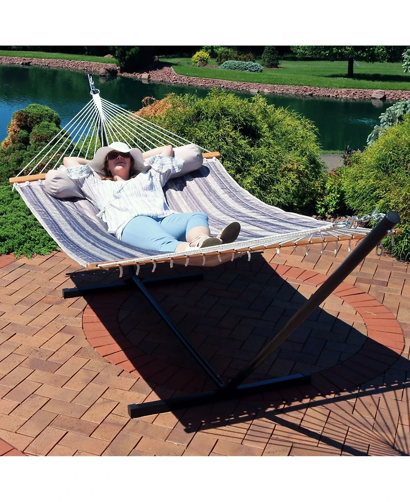 Outdoor 2-Person Quilted Fabric Hammock with Spreader Bars and Freestanding Stand