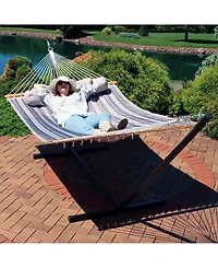 Outdoor 2-Person Quilted Fabric Hammock with Spreader Bars and Freestanding Stand