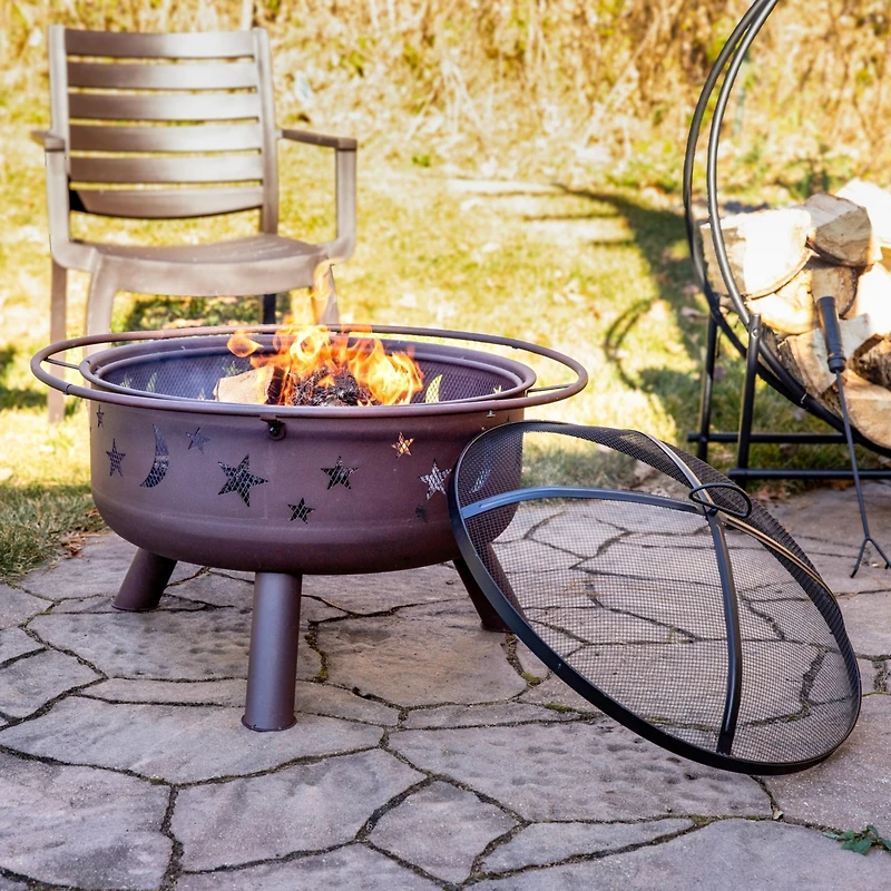 Outdoor Camping or Backyard Round Cosmic Stars and Moons Fire Pit with Cooking Grill Grate, Spark Screen, and Log Poker - 30"