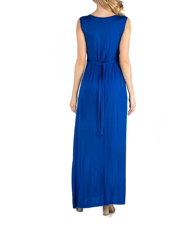 24seven Comfort Apparel V Neck Sleeveless Maternity Maxi Dress with Belt