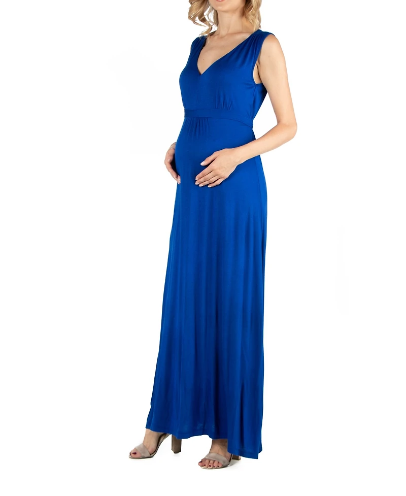 24seven Comfort Apparel V Neck Sleeveless Maternity Maxi Dress with Belt