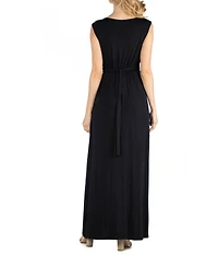 24seven Comfort Apparel V Neck Sleeveless Maternity Maxi Dress with Belt