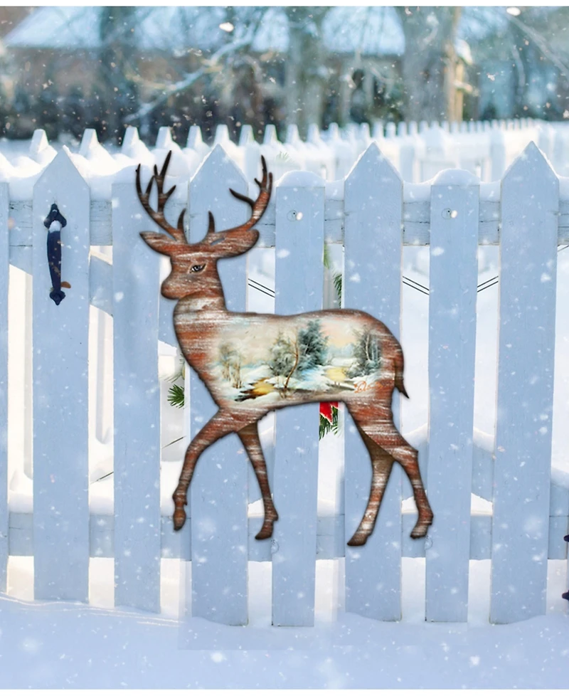 Designocracy Christmas Woodsy Deer Scenic Wooden Decorative Door Hanger