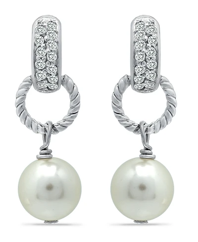 Imitation Pearl Pave Cubic Zirconia Doorknocker Drop Earrings Crafted in Silver Plate