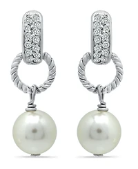 Imitation Pearl Pave Cubic Zirconia Doorknocker Drop Earrings Crafted in Silver Plate