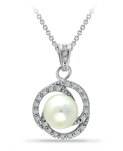 Imitation Pearl with Cubic Zirconia Crystal Swirl Halo Pendant in Silver Plate 18"
